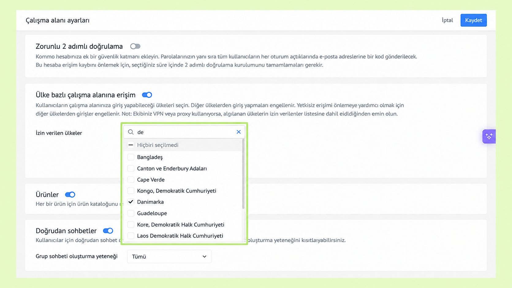 Settings page showing country access options and user permissions for a platform.